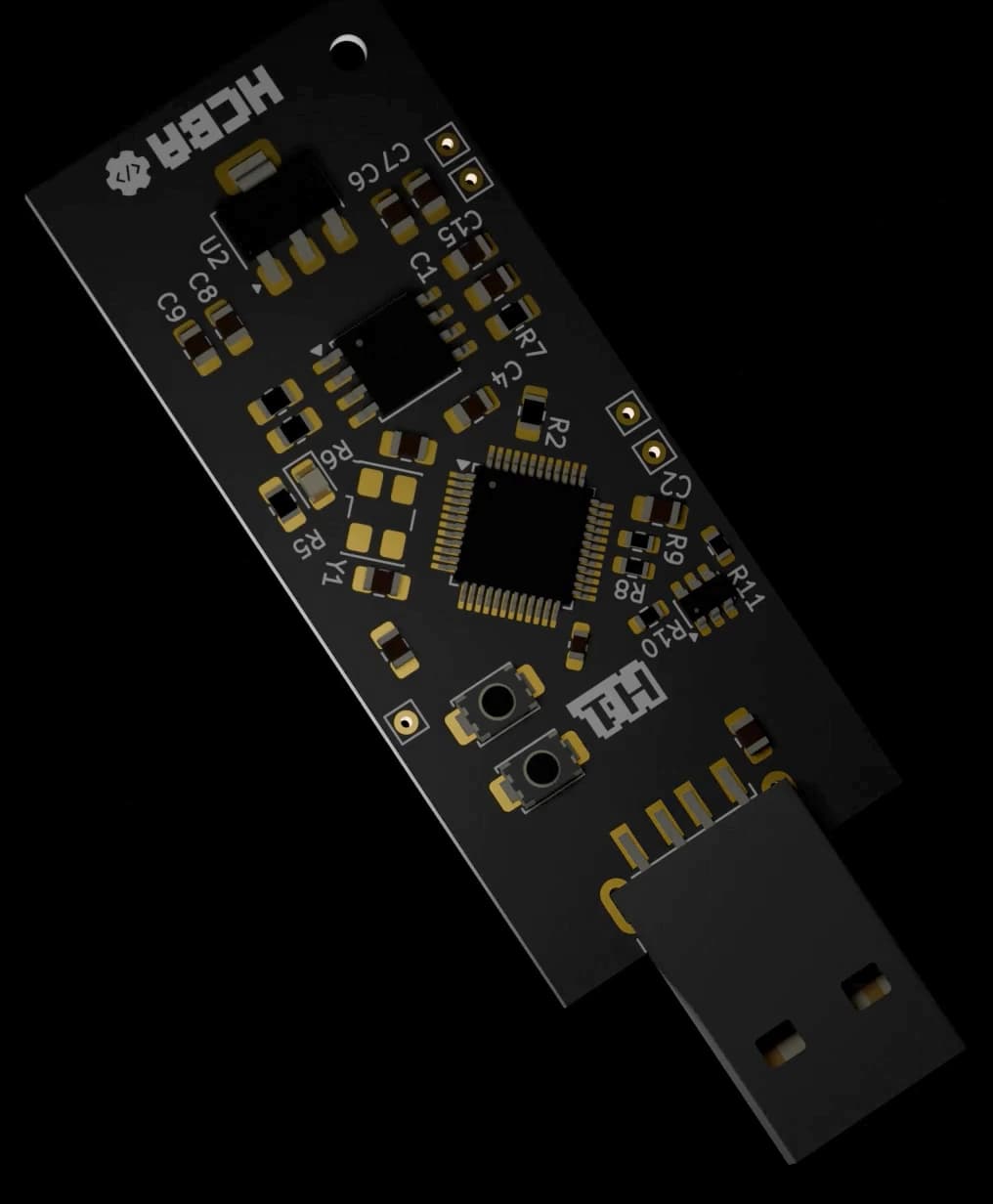 The Mantis development PCB, seen from above at an angle: a slim black board with a USB-A connector at one end, a square microcontroller in the middle, two tactile buttons, and gold-plated pads throughout.