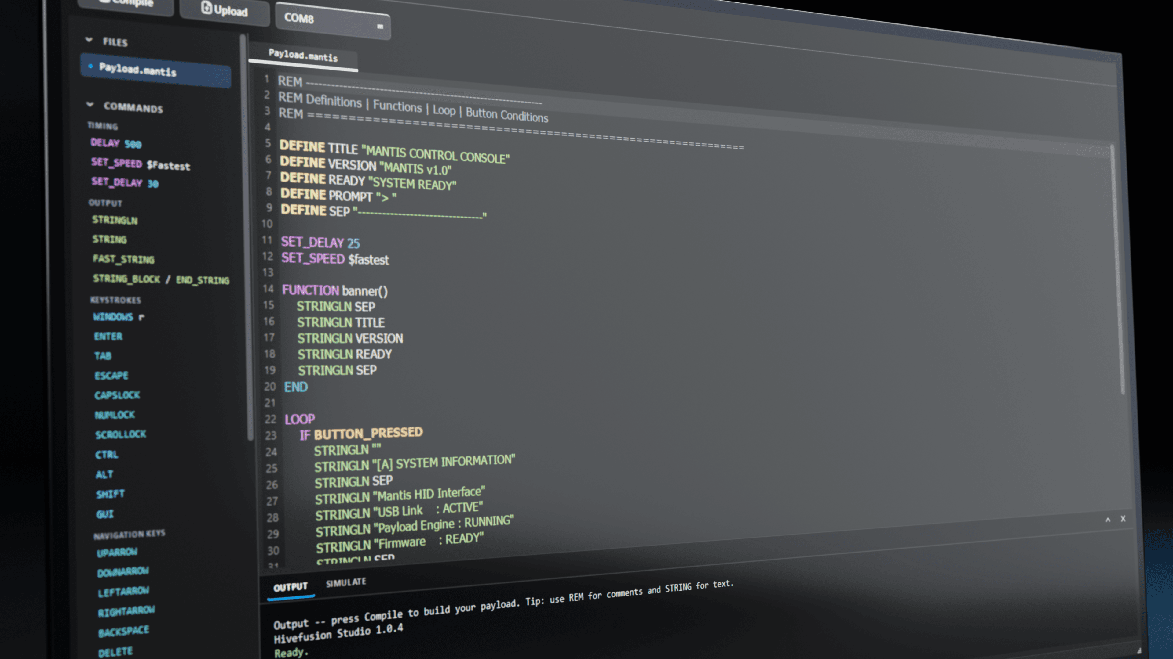 Karvi Studio dynamic editor window with syntax highlighting and output tabs