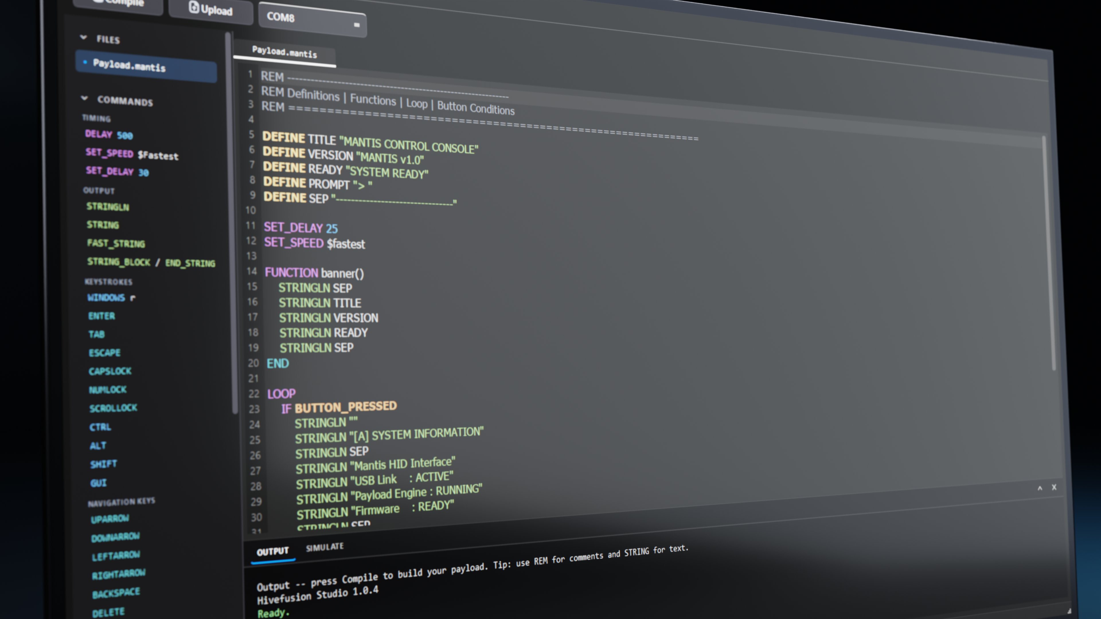 Karvi Studio dynamic editor window with syntax highlighting and output tabs